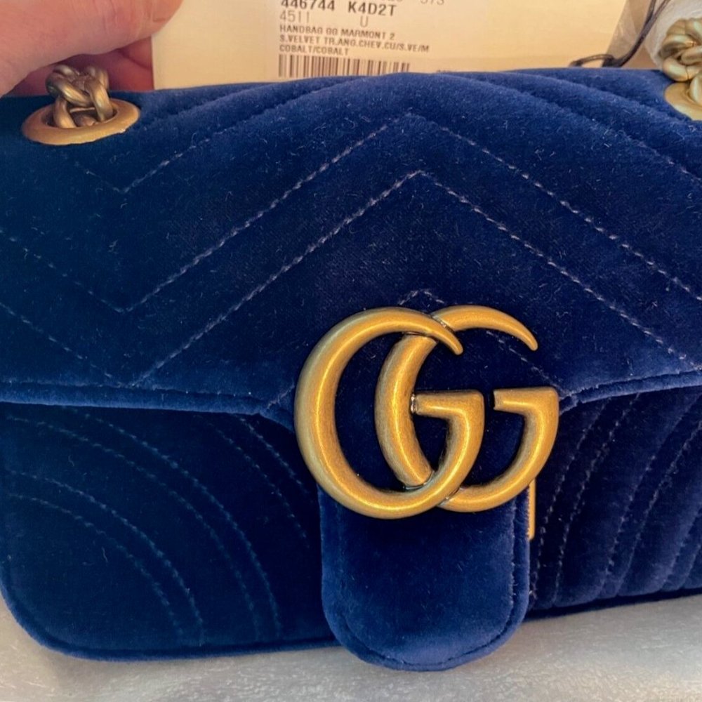 Gucci Velvet Matelasse Small GG Marmont Shoulder Bag Cobalt Blue Gold Handbag NW - Picture 7 of 9